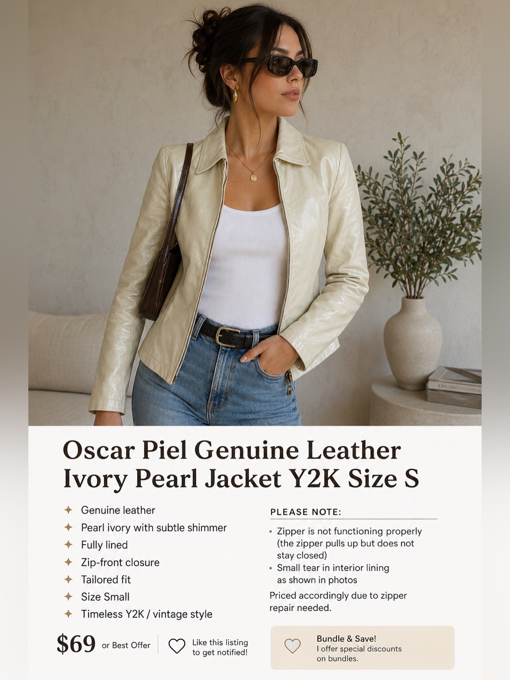 Vintage Oscar Piel Genuine Leather Jacket Pearl Ivory Zip Front S